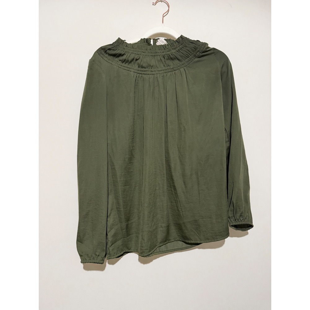 LOFT Womens Olive Green Smocked Mock Neck Long Sleeve Keyhole Blouse Small